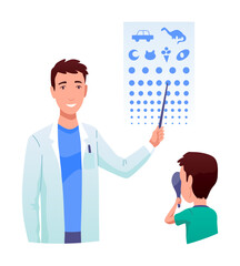 Eyesight diagnostics. Optometrist checking kid eyesight with spectacles medical equipment. Ophthalmologist doctor examining eyesight vision of patient