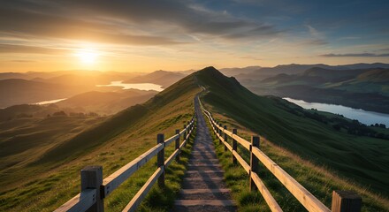 Hiking Trail Leading to Mountain Peak at Sunset with Lake Views