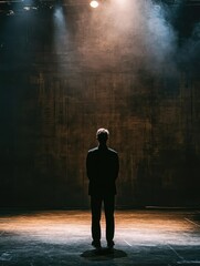 Obraz premium Silhouette of a solitary figure standing on illuminated theater stage