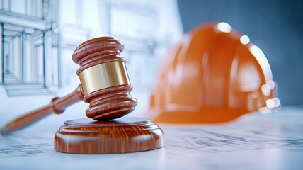Wooden gavel lying on blueprints near construction helmet symbolizes legal decisions, building permits, and real estate disputes