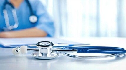 Medical instrument placed on reflective surface with physician taking notes in background, representing healthcare and healthcare treatment Copy space for text