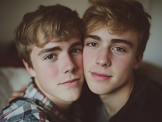 Close-up portrait of two teenage boys indoors