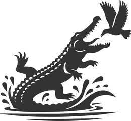 Crocodile jumping out of the water to grab a bird vector silhouette