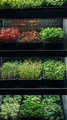 Assortment of Leafy Greens and Herbs in Indoor Vertical Farming System