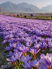 Fototapeta premium Blooming saffron field under majestic mountains during harvest season
