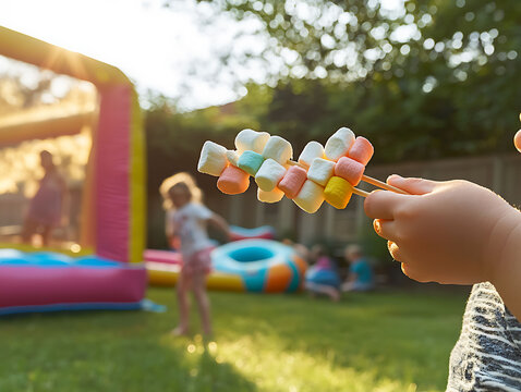 Childs hand holds a colorful marshmallow skewer at a sunny garden party.  Blurred background shows bouncy castle  kids playing, suggesting summer fun, joy, and carefree childhood memories.