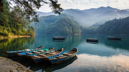 Obraz premium Serene Mountain Lake with Boats at Dawn