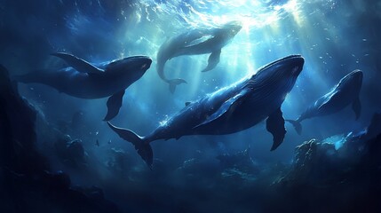 Majestic whales swim in sunlit ocean depths
