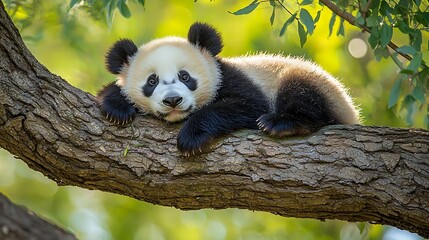 Fototapeta premium Adorable Baby Panda Resting on Tree Branch Wildlife Nature Photography