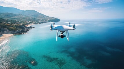 Naklejka premium Aerial perspective, Drone hovering over crystal clear turquoise sea waters