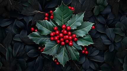 Dark Holly Berries and Leaves: A Wintertime Still Life AI Generated