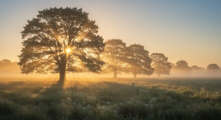 Obraz premium Tree Sunburst in Misty Meadow Landscape at Sunrise with Atmospheric Light