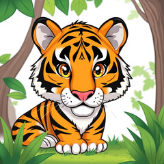 Fototapeta premium Cute Baby Tiger Cub in Jungle Setting Cartoon Illustration