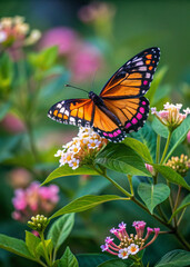 Obraz premium Vibrant Butterfly and Flowers: A beautiful butterfly with colorful wings delicately perched on a cluster of blooming flowers, showcasing nature's beauty. 