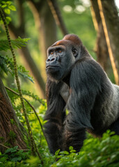 Majestic Silverback Gorilla: A powerful silverback gorilla stands alert in the lush, verdant rainforest, its gaze conveying both wisdom and strength.