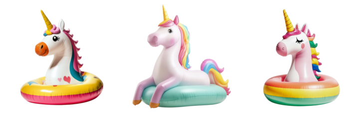 Three colorful unicorn pool floaties on a transparent background