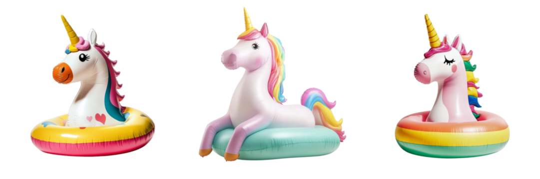 Three colorful unicorn pool floaties on a transparent background