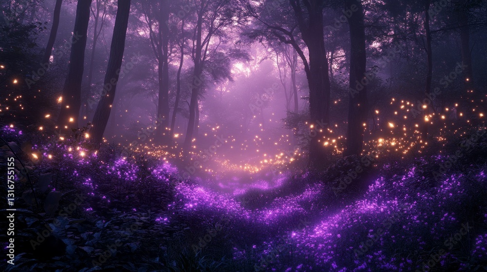 Poster amidst towering trees draped in twilight, a lush carpet of violet blossoms glows softly, surrounded 