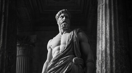 A dramatic black and white landscape features an imposing statue of a strong Greek man, evoking ancient stoicism and architecture in a serene morning setting