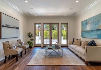 Fototapeta premium Modern living room with hardwood floors, French doors, and artwork.