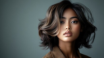 Naklejka premium Artistic Portrait of Burmese Model with Layered Hair and Soft Expression