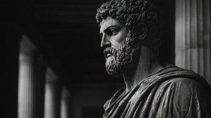 Fototapeta premium A dark landscape showcases an ancient Greek architecture with a detailed statue of a strong man, representing stoicism