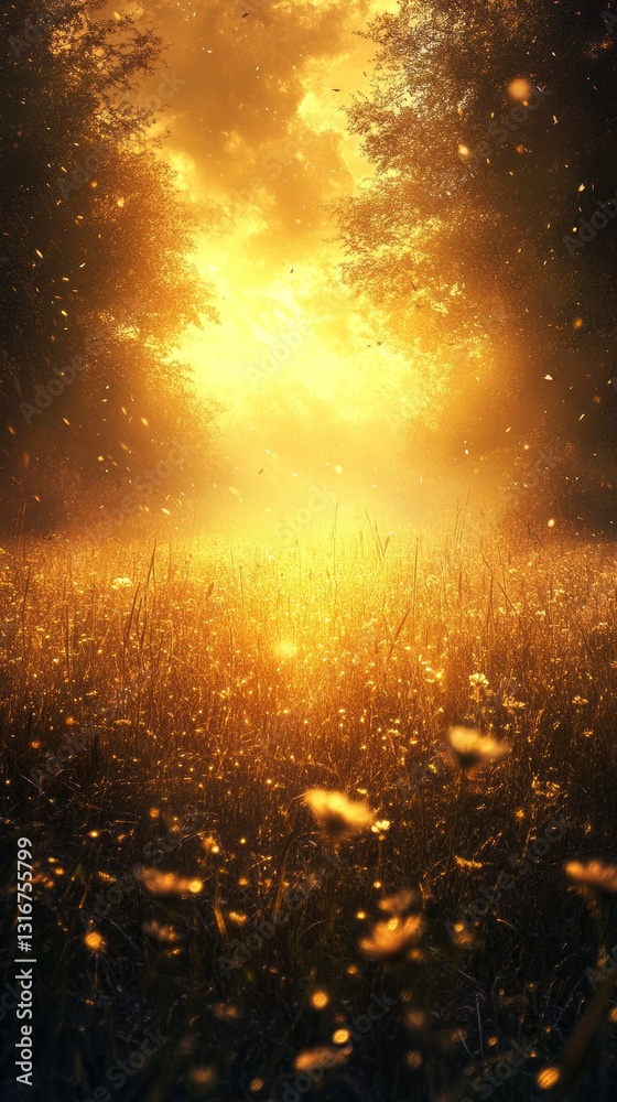 Poster as the sun sets, golden rays filter through the trees, casting a warm glow over the meadow. delicate