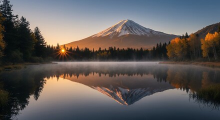 Snowy Mountain Reflection on Calm Lake with Sunrise and Autumnal Trees