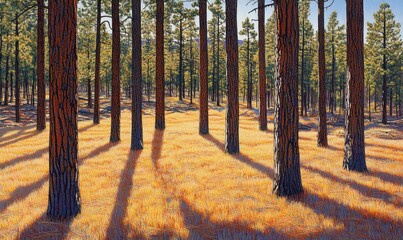 Obraz premium Sunlight through Ponderosa Pine forest, Arizona, autumn. Nature wallpaper