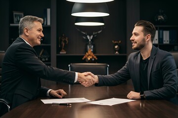 Professional Business Handshake Between a Woman in a Black Suit and a Man in a White Shirt, Sealing a Successful Agreement in a Corporate Office Environment