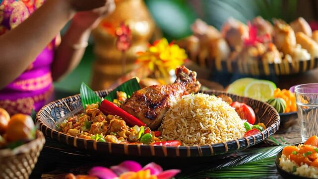 Delicious Indonesian Cuisine Nasi Liwet with Fried Chicken and Vegetables
