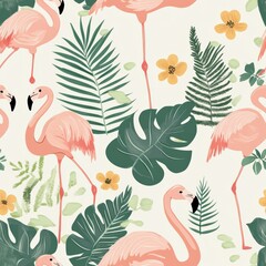 flamingos standing among tropical ferns and flowers, perfect for a playful, summer vibe, flamingo seamless pattern flat design for fabric print