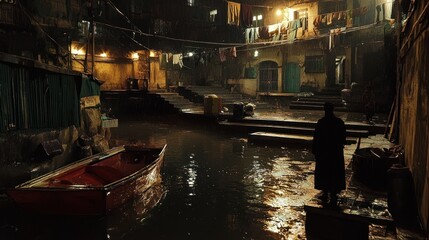 Nightfall in the Alley: A Solitary Figure by the Water