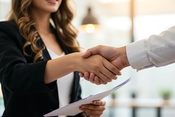Professional Business Handshake Between a Woman in a Black Suit and a Man in a White Shirt, Sealing a Successful Agreement in a Corporate Office Environment