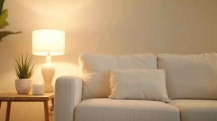 Fototapeta premium Cozy living room corner with a white sofa, stylish lamp, and green plant, perfect for a serene home atmosphere.