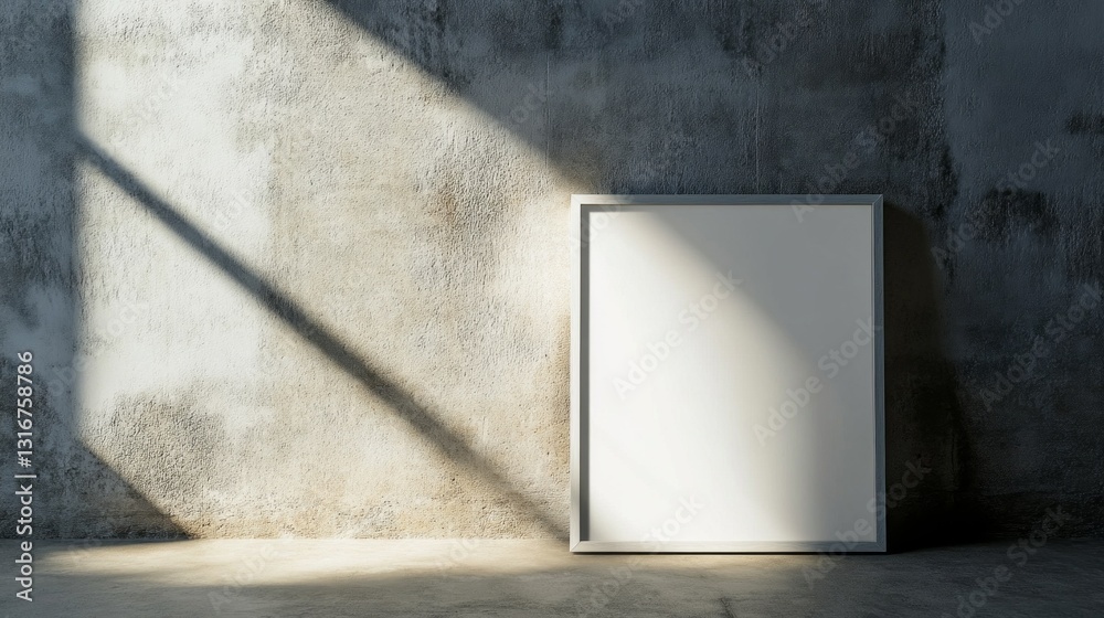 Poster Warm sunlight streams through, casting long shadows on a weathered wall, while an empty frame stands ready for creative ideas, offering a tranquil environment for inspiration