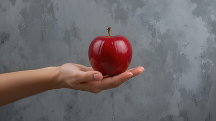 Male hand tosses up red apple on gray wall background