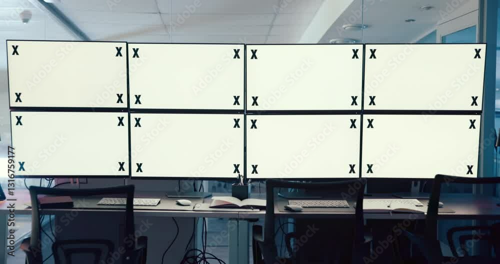 Poster Computer screen, mockup and control room with equipment in empty office to monitor live feed for update. Display, space and tracking markers with CCTV surveillance for crime prevention or safety