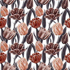 Watercolor tulips, floral seamless pattern. Vintage romantic spring garden background. Tulips flowers pattern. Spring. Holiday. Wrapping paper. Card. Flowers. Botanical print. Spring background.