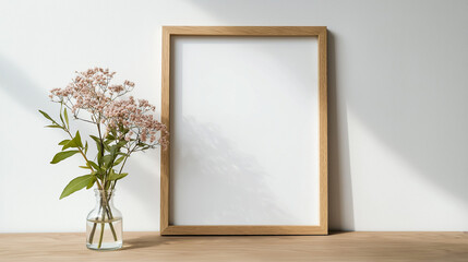 Wooden frames in a room, empty photo frames, empty frame on the wall