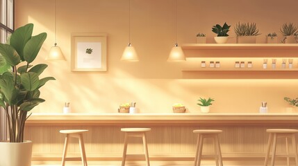 A calming interior of a modern minimalist cafe ambiance