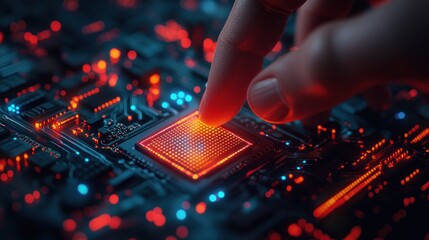 Hand touching glowing CPU on circuit board;  technology concept