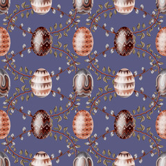 Watercolor hand drawn colorful easter eggs, leaves and flowers. Spring watercolor seamless pattern. Happy easter. Print for easter decorations. For easter cards, covers, posters, invitations