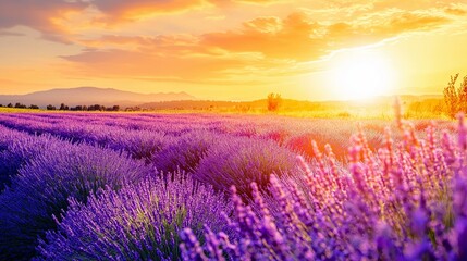 A vast field of lavender under a golden sunset