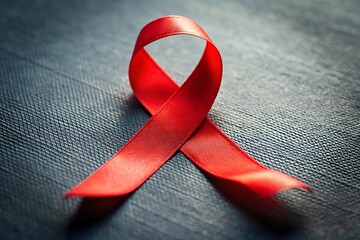 Red Awareness Ribbon on Dark Surface Close-up, Symbolic Image for World AIDS Day