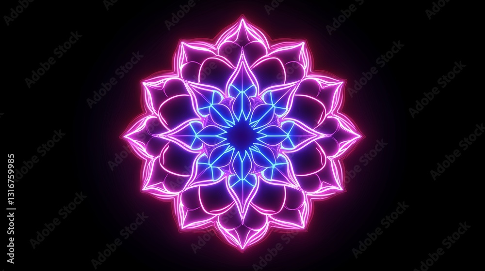 Poster a symmetrical kaleidoscope pattern made of neon shapes