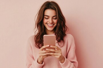 A cheerful young woman looks at her smartphone while smiling in a relaxed manner. Generated AI