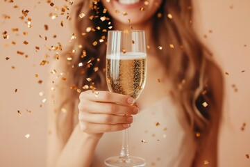 A cheerful scene of a woman celebrating with a champagne glass and golden confetti. Generated AI