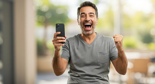 an excited man cheering while using his mobile phone