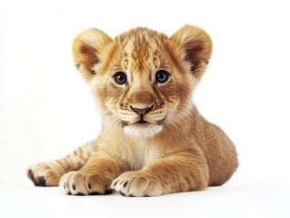 Obraz premium Cute baby lion with a detailed photograph isolated on a white background